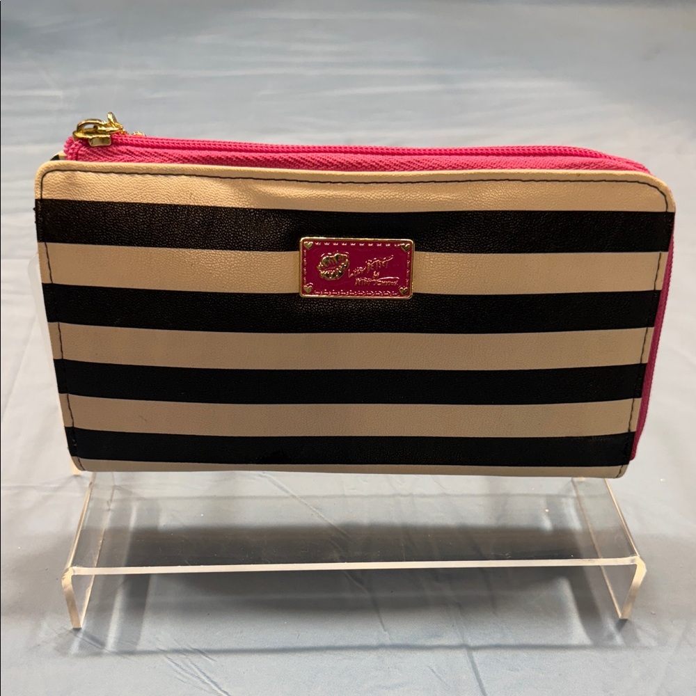 Betsey Johnson Black and Tan Striped Wallet with Pink Accents